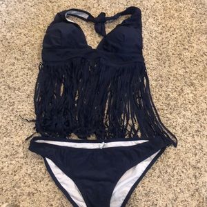 Size medium navy fringe flowy tankini 2 piece